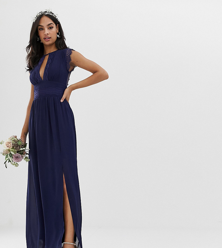 TFNC lace detail maxi bridesmaid dress in navy