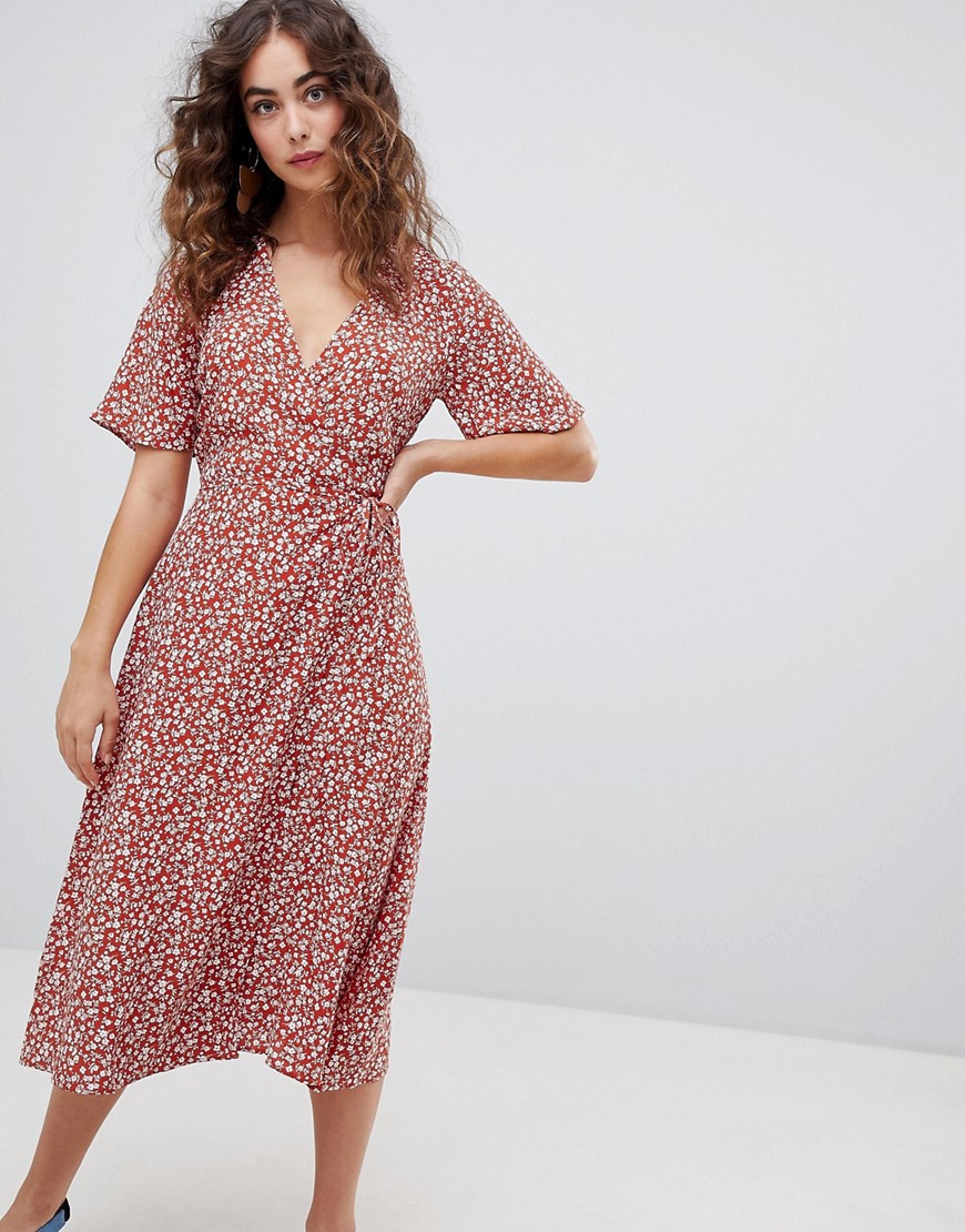 New Look Ditsy Floral Wrap Front Midi Dress - Brown pattern