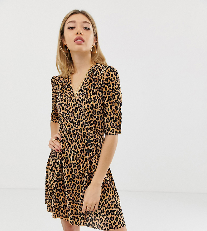 ASOS DESIGN Petite leopard print plisse mini dress with button detail