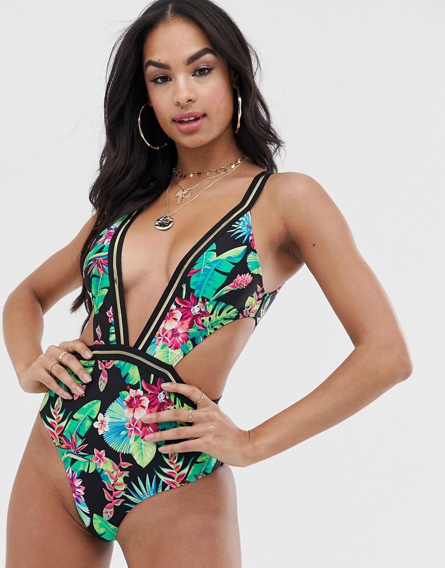 South Beach tropical floral shimmer cut out swimsuit