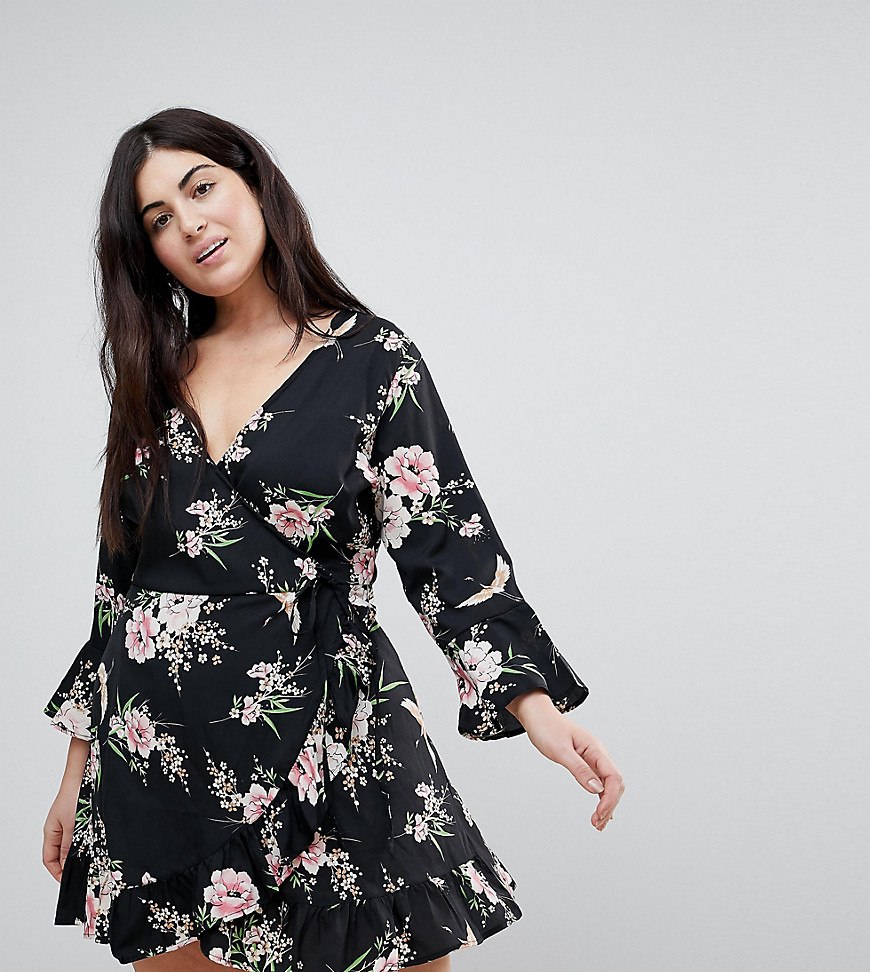 Influence Plus Floral And Bird Print Ruffle Detail Wrap Dress - Black floral