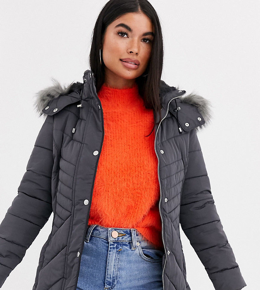 New Look Petite faux fur hood fitted puffer jacket in mid grey