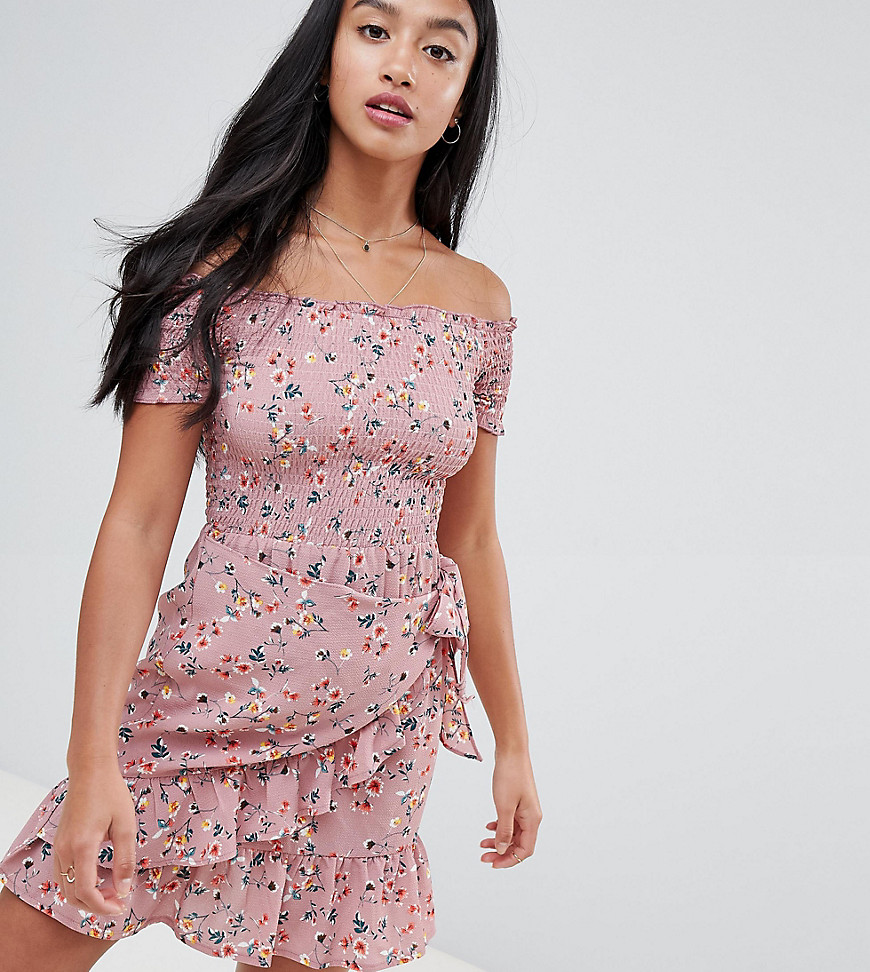 Sisters Of The Tribe Petite shirred bardot dress with wrap tie skirt in ditsy floral