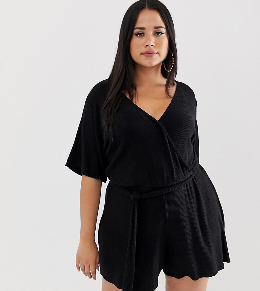 PrettyLittleThing Plus playsuit with kimono sleeve and tie waist in black