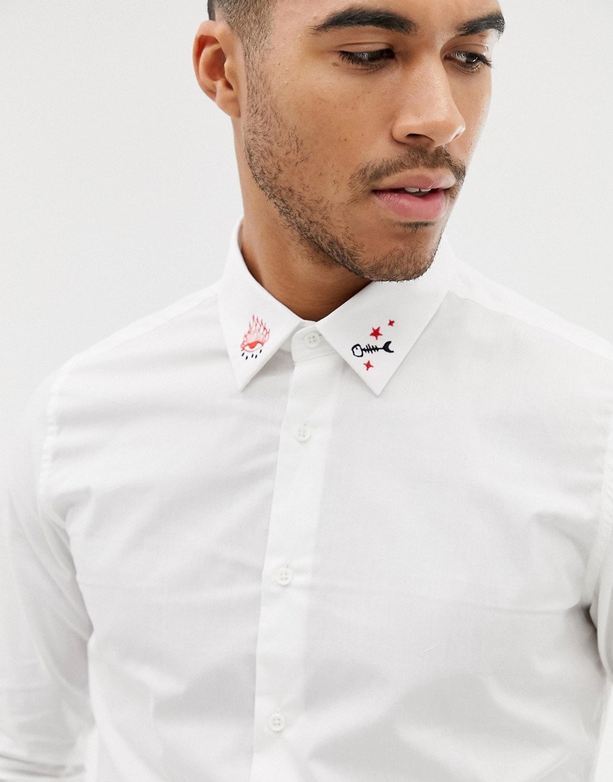 Devils Advocate eye and fish bones embroidered slim fit shirt