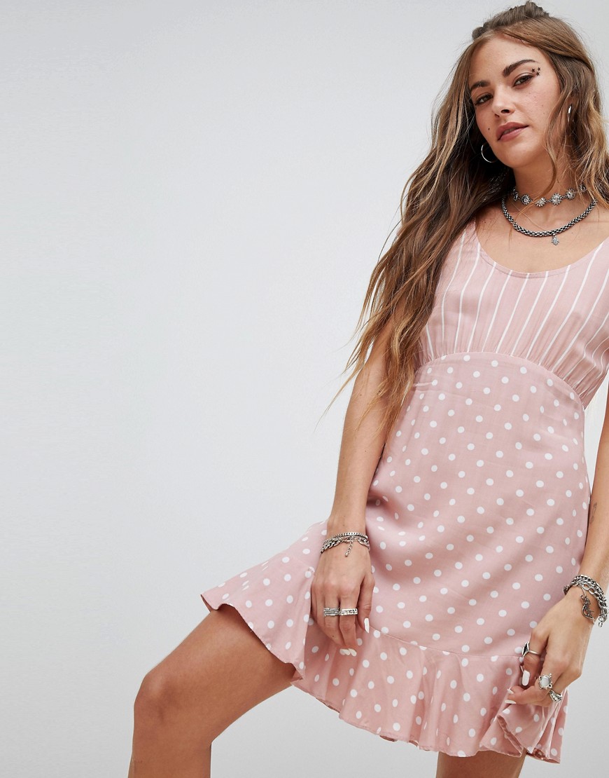 Motel Tea Dress In Spot And Stripe Print-pink
