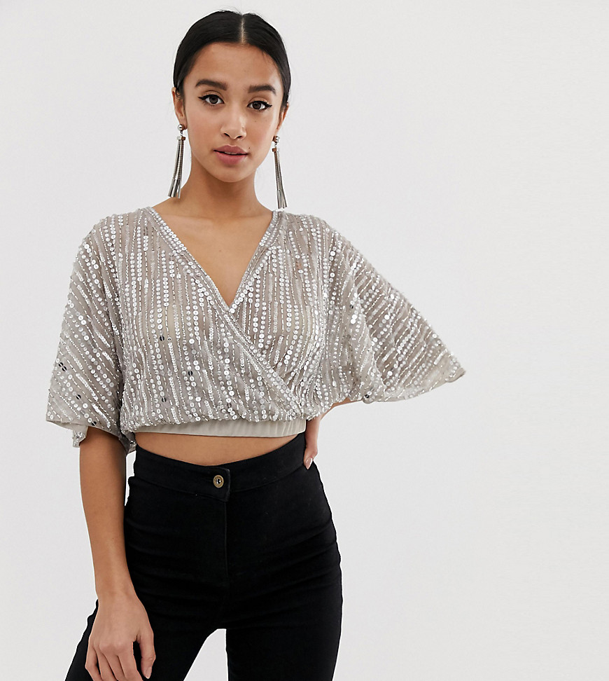 ASOS DESIGN Petite embellished wrap top with angel sleeve