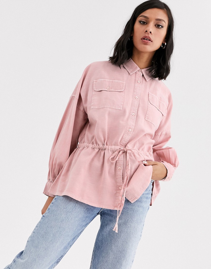 Asos Design Washed Long Sleeve Shirt With Tie Waist-pink
