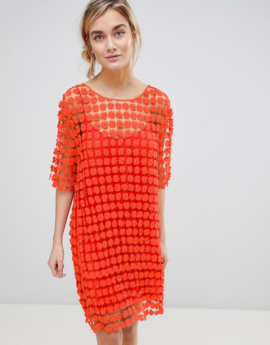 See U Soon Shift Dress in Floral Crochet - Orange