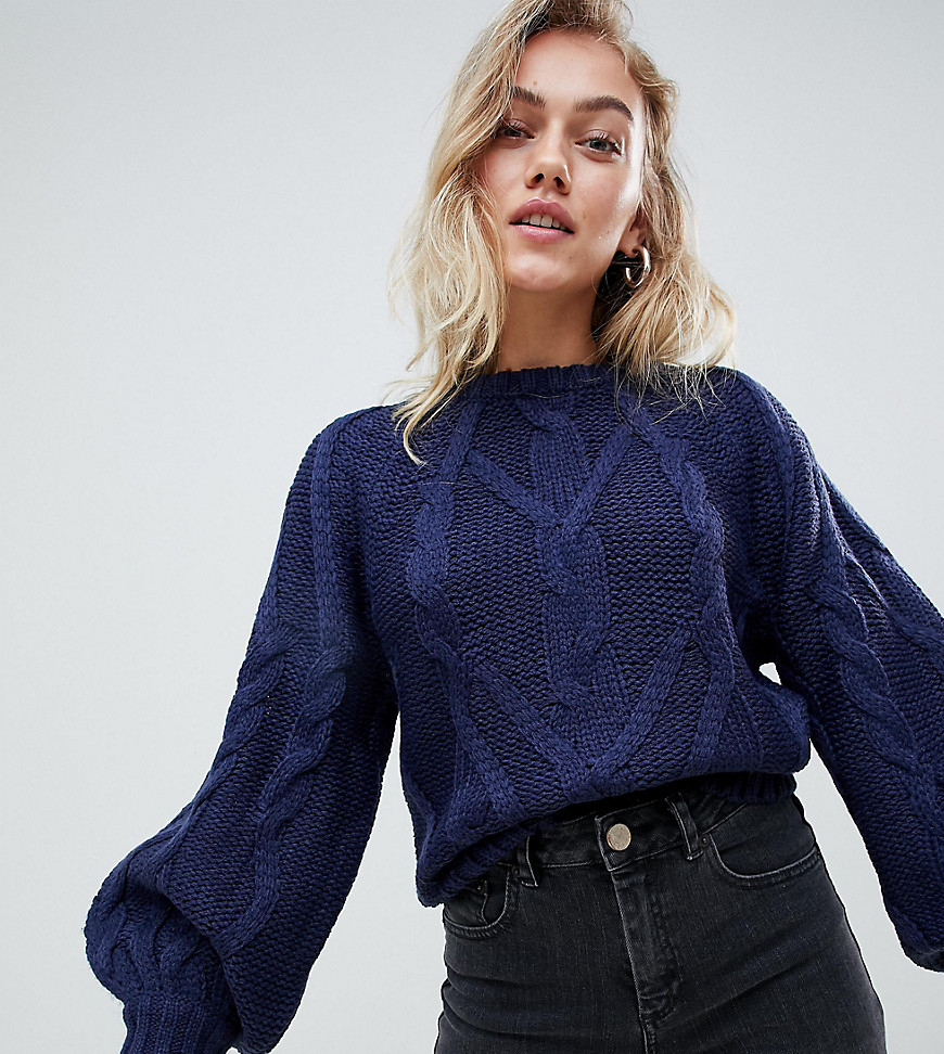 Brave Soul Petite macrame chunky cable knit jumper with wide sleeves - Navy