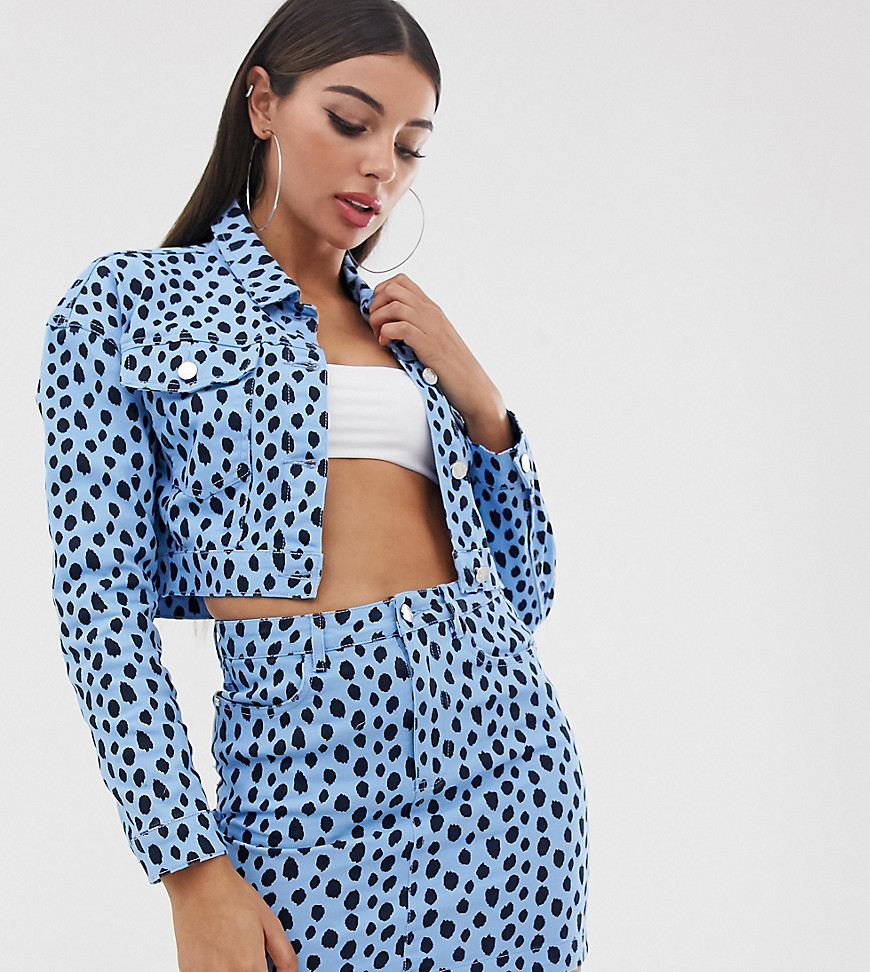 Missguided co-ord cropped denim jacket in blue dalmatian spot