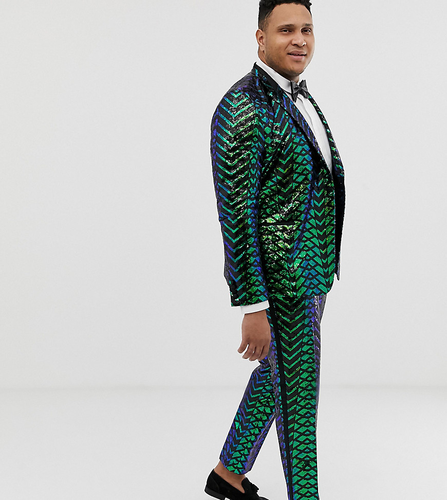 ASOS EDITION Plus skinny tuxedo trousers in green geo patterned sequins