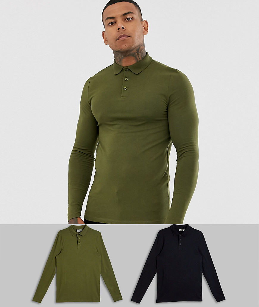 ASOS DESIGN 2 pack organic muscle fit long sleeve jersey polo save