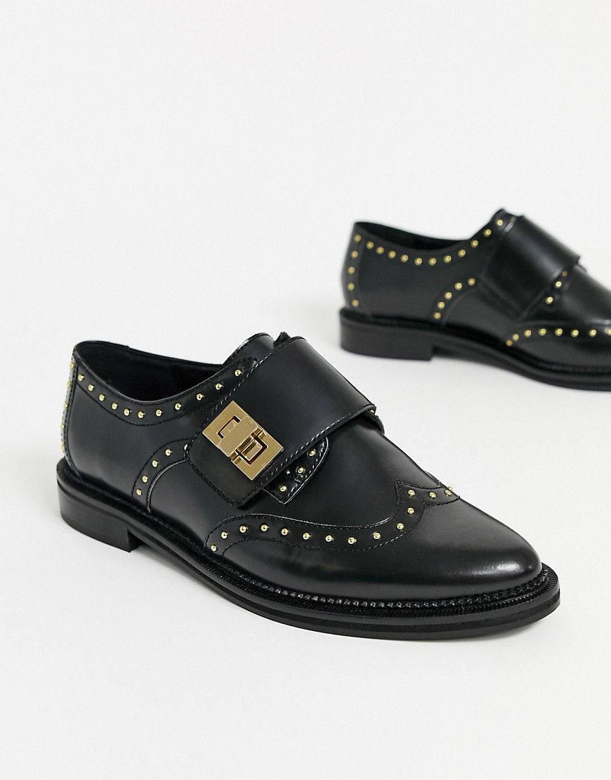 Asos Design Marvel Leather Studded Monk Flat Shoes In Black