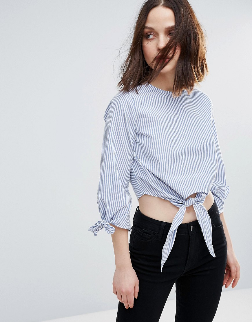 Influence Tie Front And Sleeve Cotton Top - Blue