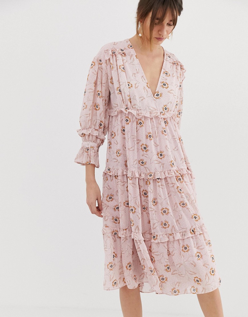 Ghospell midaxi smock dress with ruffle detail in floral spot print