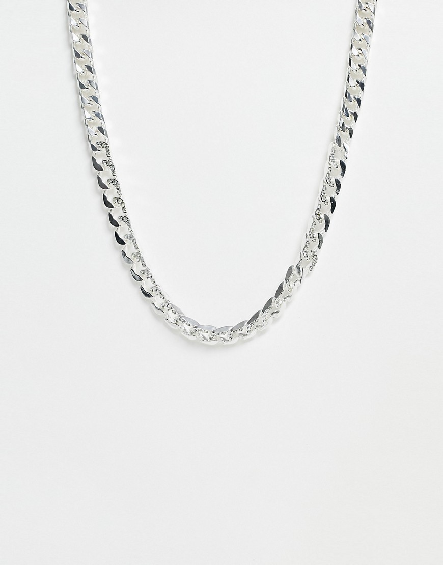 Asos Design Chain With Crystal Detail In Silver Tone