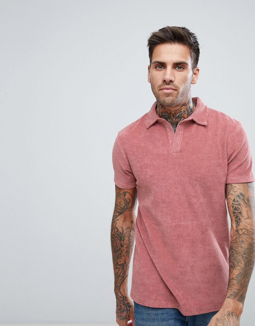 Asos Design Asos Polo Shirt With Revere Collar In Pink Towelling - Pink