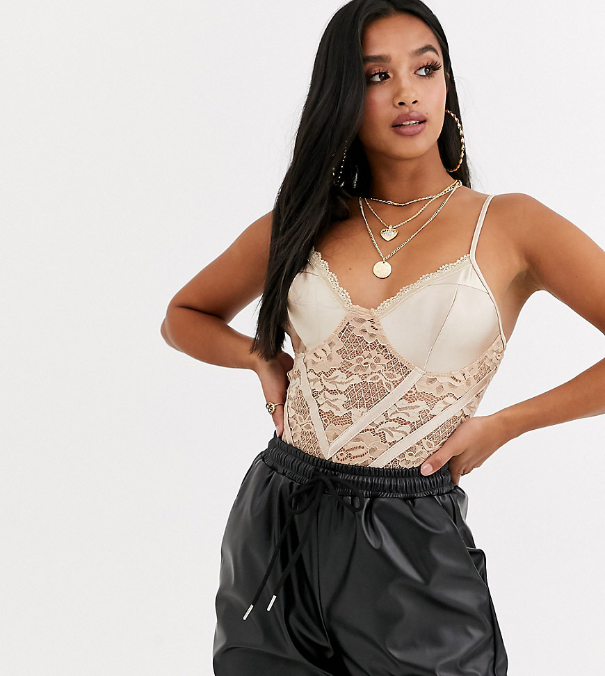 Missguided Petite satin body with lace insert in nude