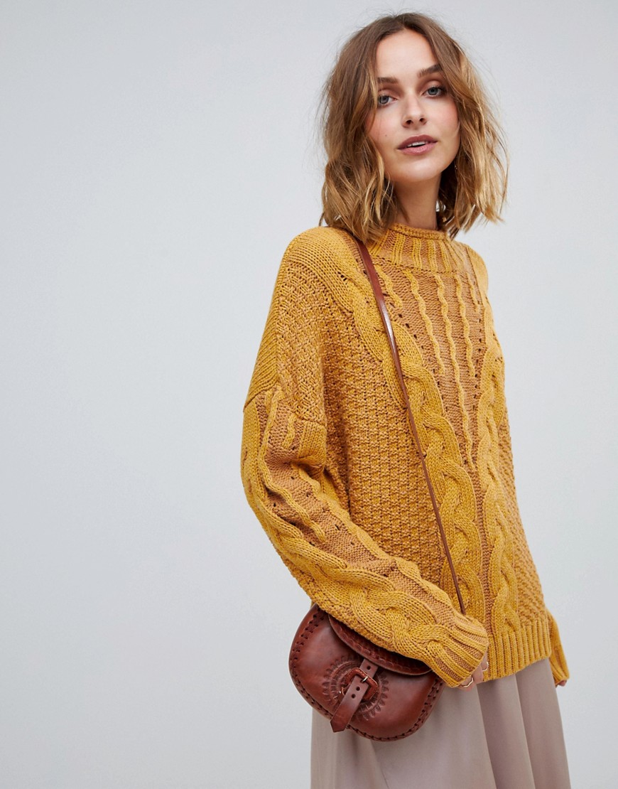Moon River mock neck cable knit mustard sweater - Mustard