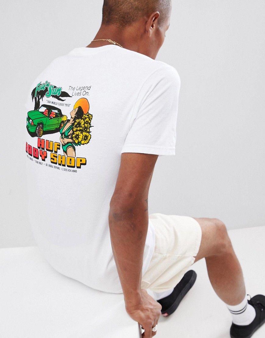 HUF body shop t-shirt with back print in white - White
