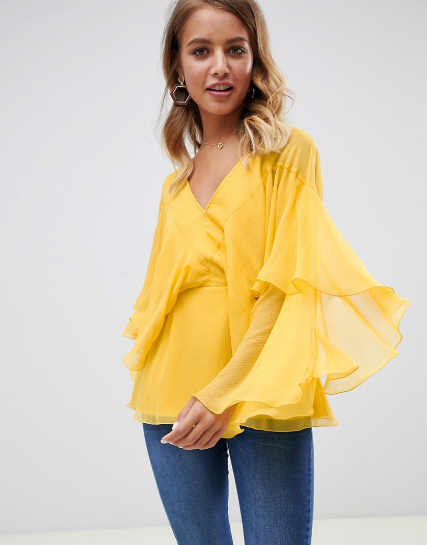 ASOS DESIGN long sleeve v neck top with floaty sleeve detail