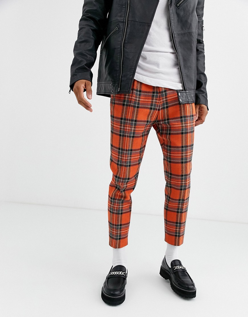 Twisted Tailor tapered cropped trousers in orange tartan