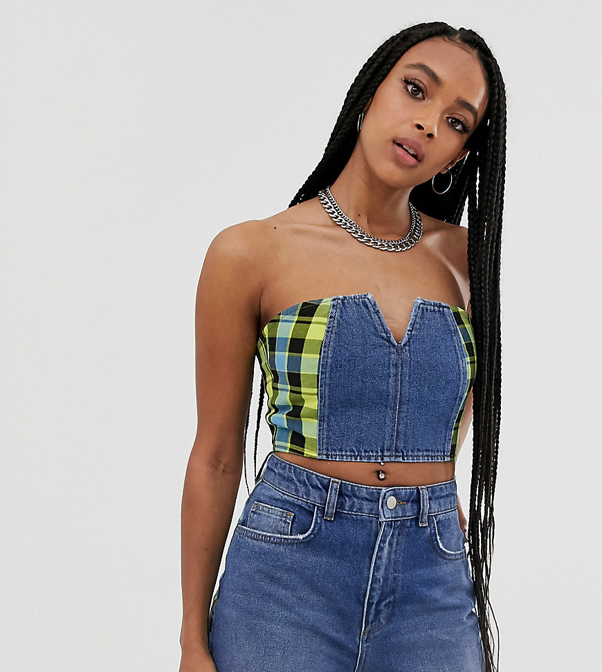 Reclaimed Vintage inspired denim bralet with mixed check print