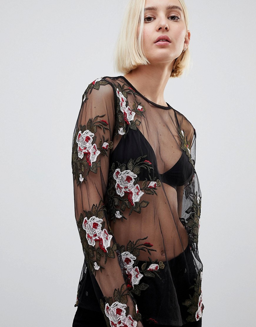 Minimum Sheer Top With Floral Embroidery - Black