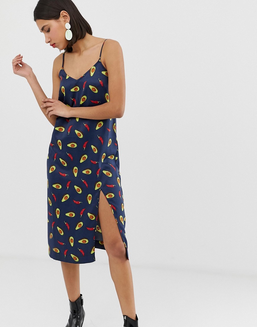 Neon Rose slip dress with split in satin avocado print