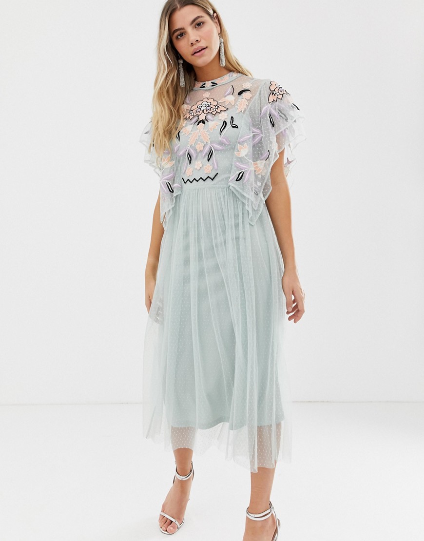 Frock And Frill embroidered dobby mesh midaxi dress with scatter sequin in floral