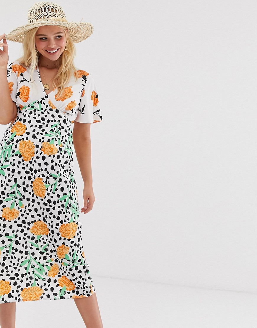 Influence swing dress in mixed floral polka print