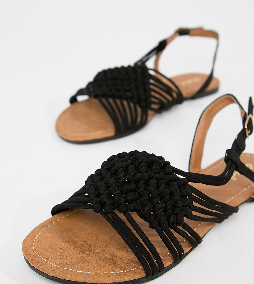 Qupid Crochet Flat Sandals - Black