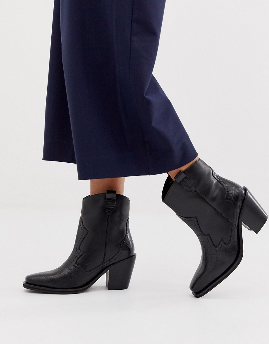 Asos Design Richmond Premium Leather Pull On Western Boots In Black Croc