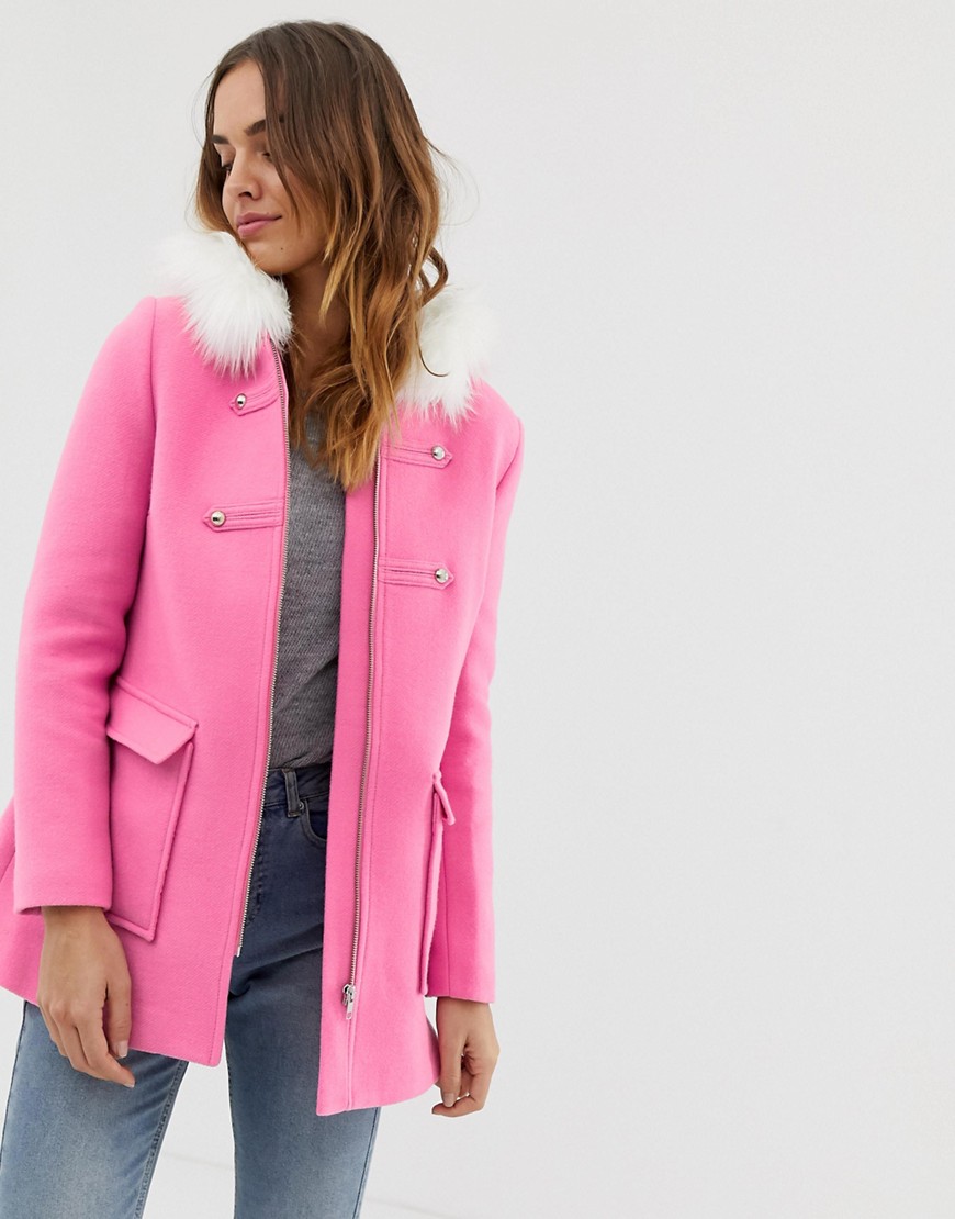 Naf Naf colourful coat with faux fur hood in pink