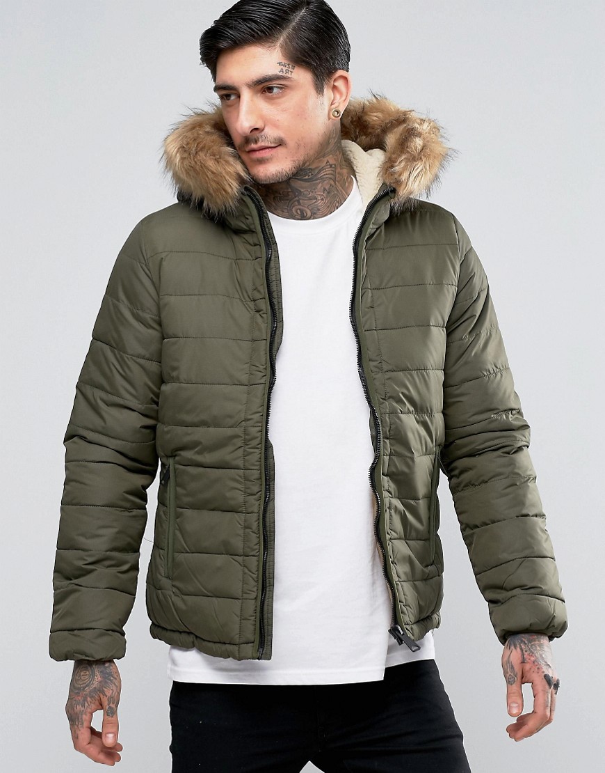 Schott Quilted Padded Hooded Jacket Detachable Faux Fur Trim - Khaki
