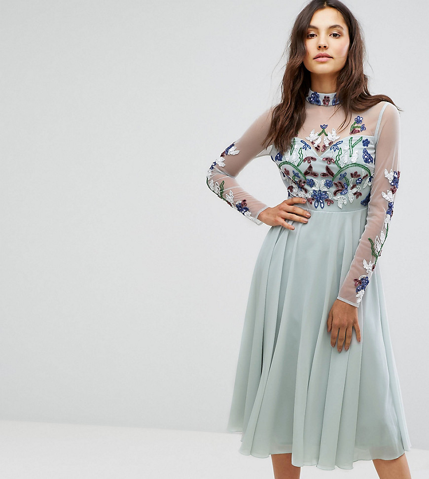 Maya Long Sleeved Midi Dress With High Neck And Placement Embellishment - Ice blue