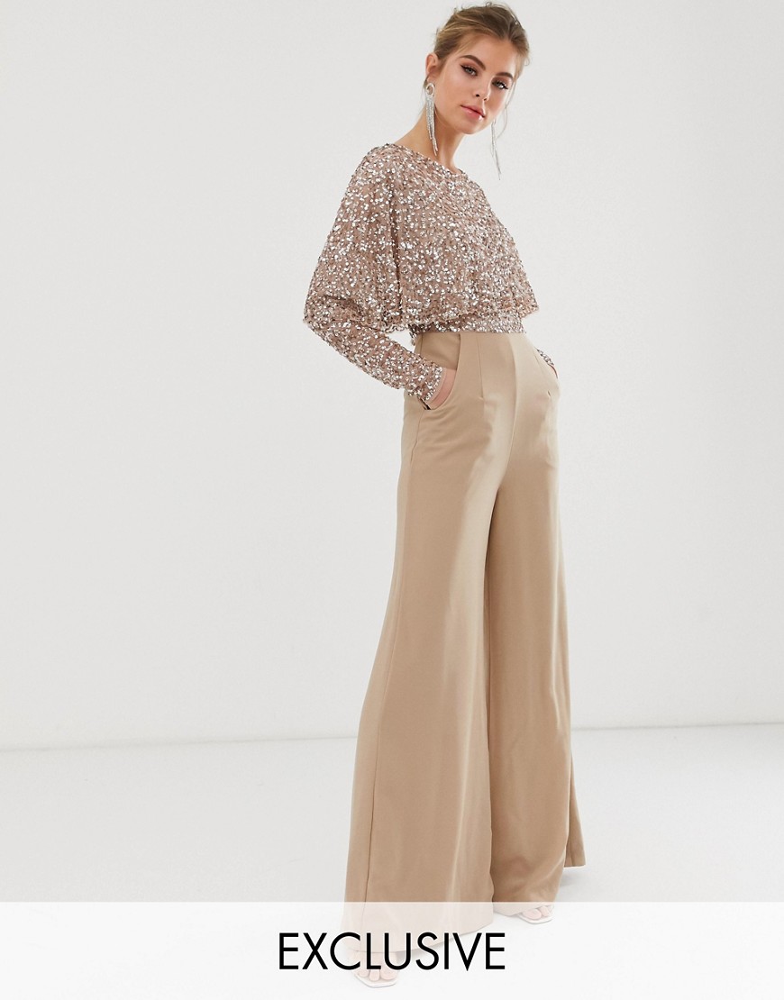 Maya cape detail jumpsuit with tonal delicate sequin top in taupe blush