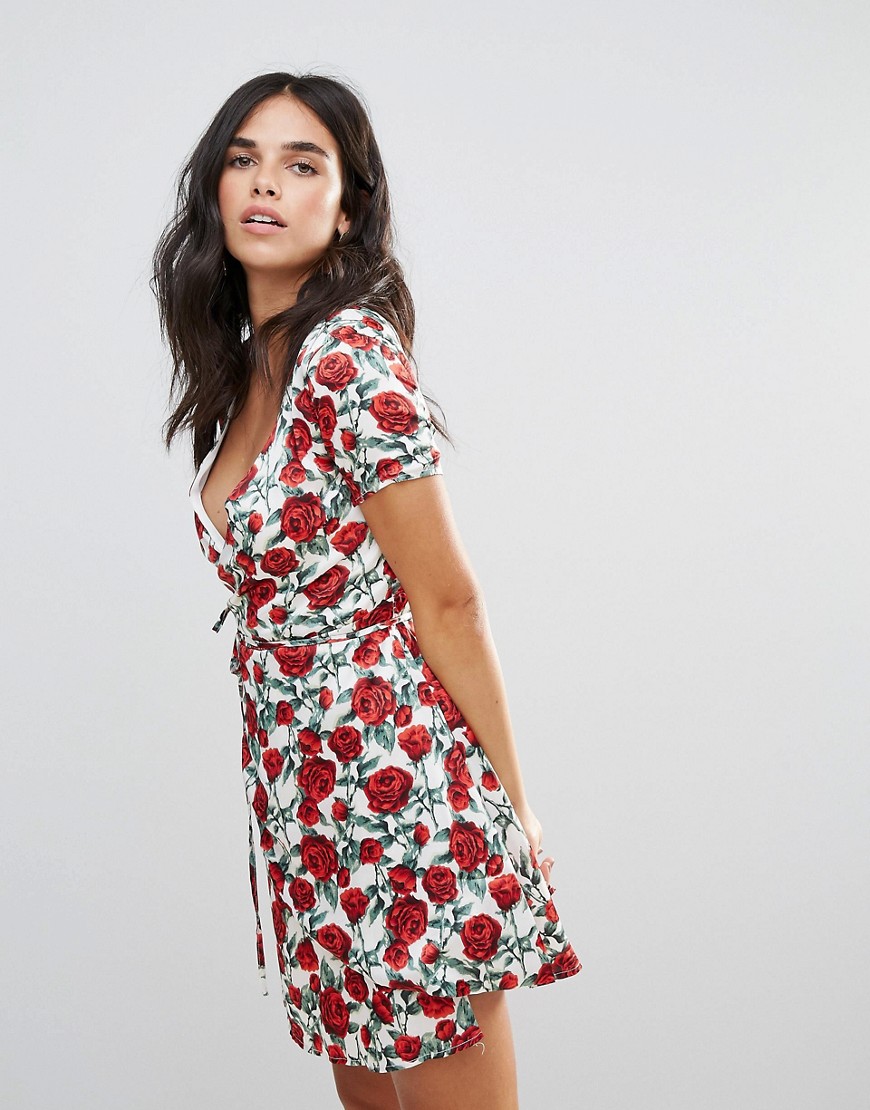 Wyldr Bed Of Roses Printed Wrap Dress With Capped Sleeves - Multi
