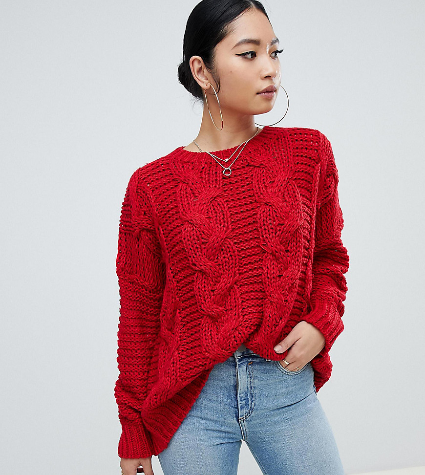 Missguided Petite boyfriend cable knit jumper in red