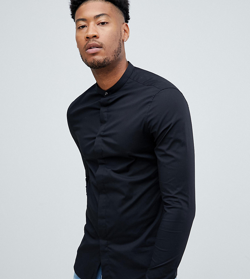 ASOS DESIGN Tall skinny shirt with grandad collar and popper in black