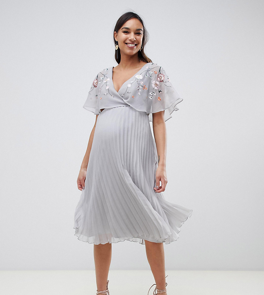ASOS DESIGN Maternity flutter sleeve midi dress with pleat skirt in embroidery