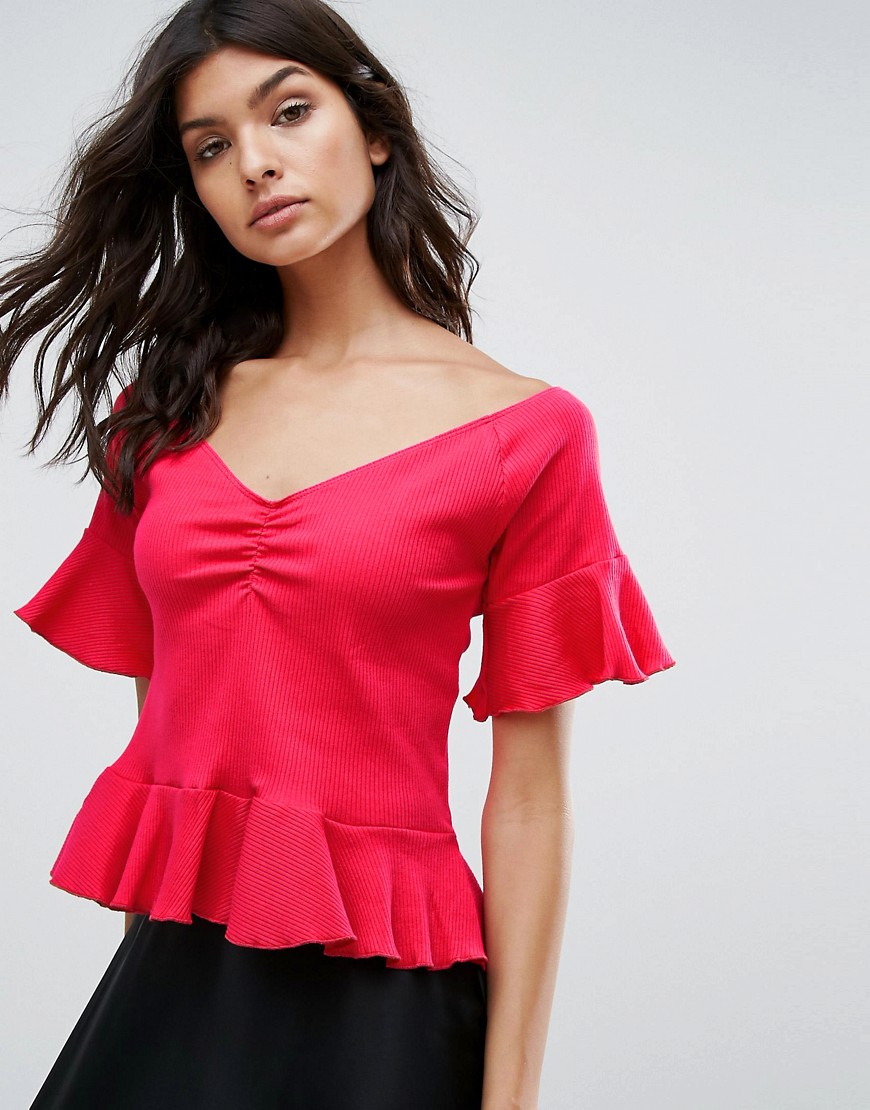 Mango Frill Detail Ruched Front Top - Pink