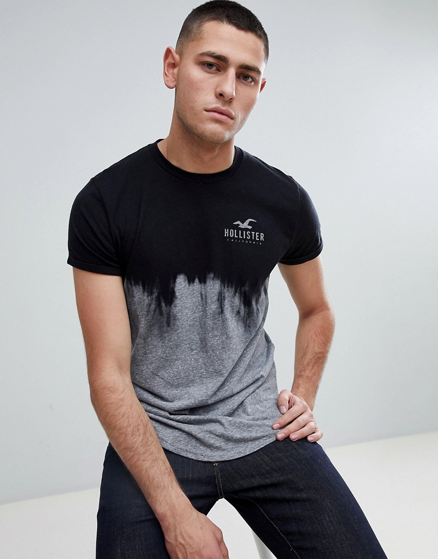 Hollister Ombre Wash Front and Back Logo Print T-Shirt Curved Hem in Black to Grey - Black to grey