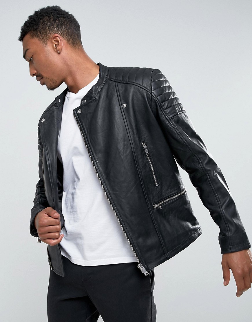 Selected Homme Leather Biker Jacket - Black