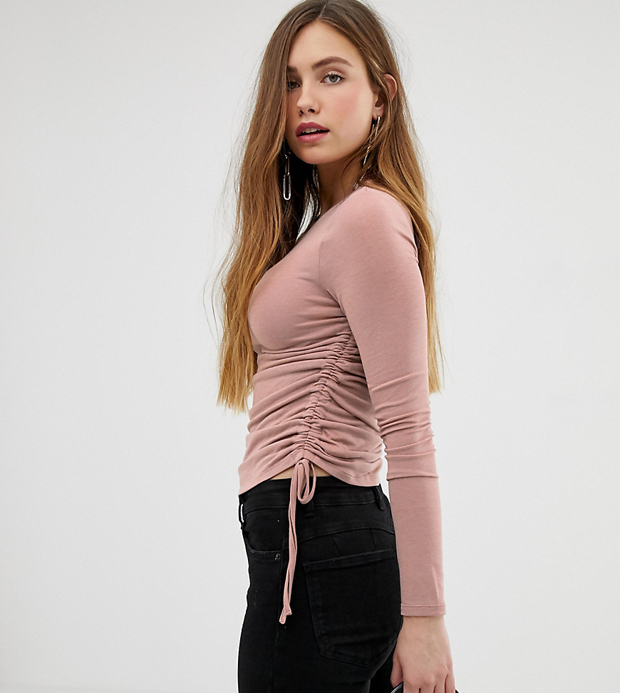 Bershka ruched side jersey top in pink