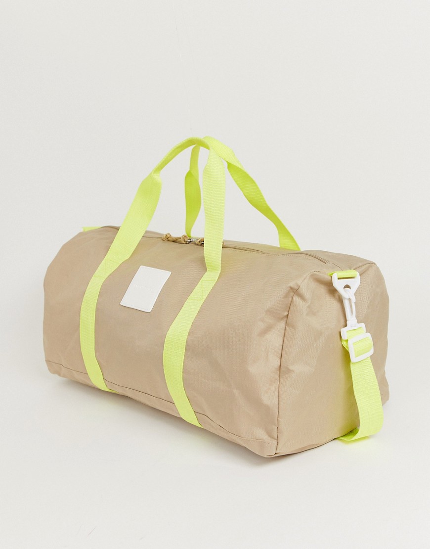 Asos Design Barrel Bag In Beige With Neon Straps - Beige