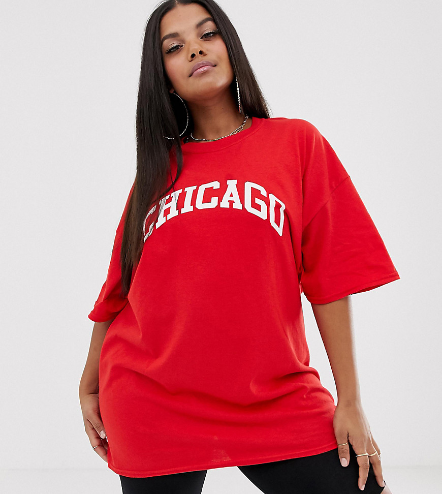 PrettyLittleThing Plus t-shirt with Chicago slogan in red