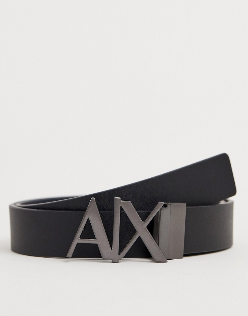 Armani Exchange leather reversible logo buckle belt in black/grey