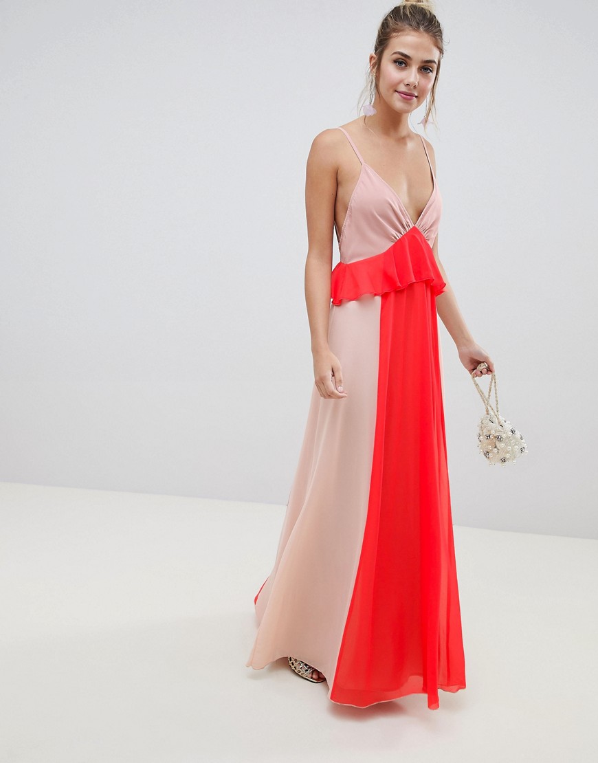 ASOS DESIGN colourblock cami strap maxi dress with ruffle waist